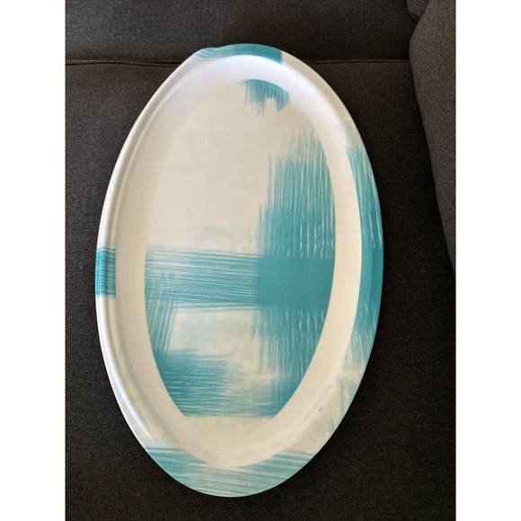 Q Squared Melamine Serving Tray, Size 19X11X1, Abstract Art Blue And White Oval - Picture 1 of 3